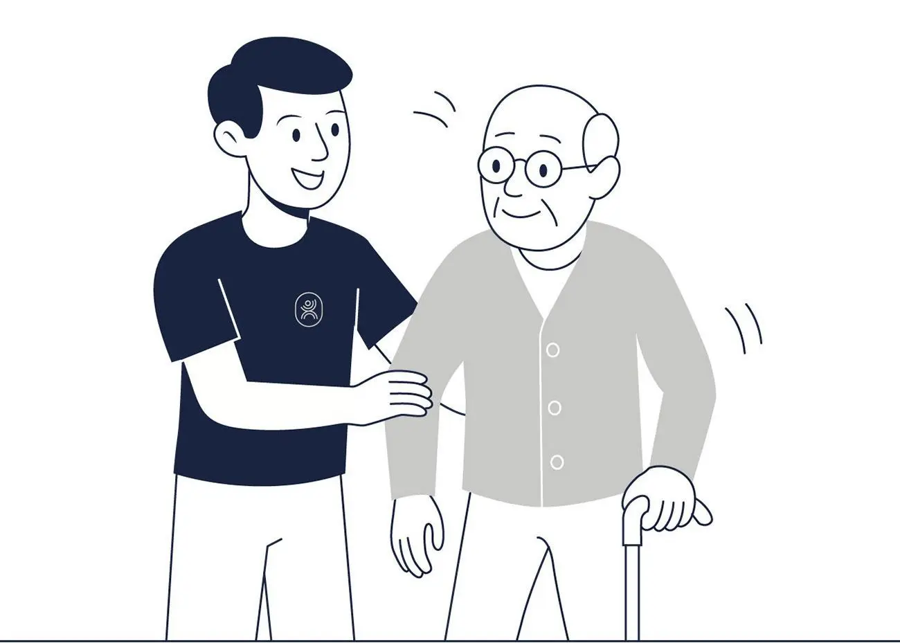 Illustration: Individuelle Begleitung beim Gehen mit Stock