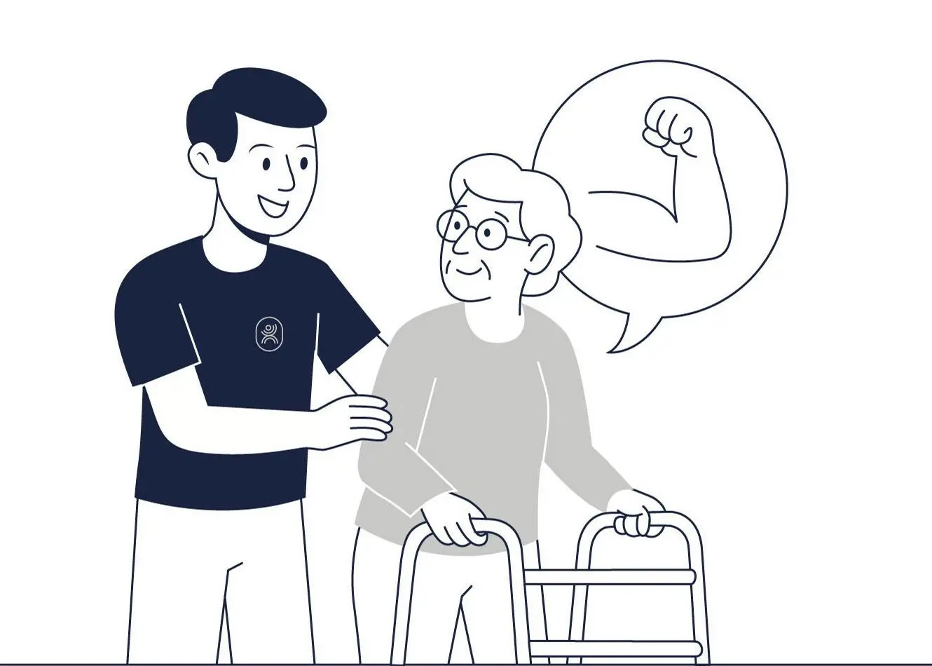 Illustration: Nico stärkt eine Seniorin am Rollator